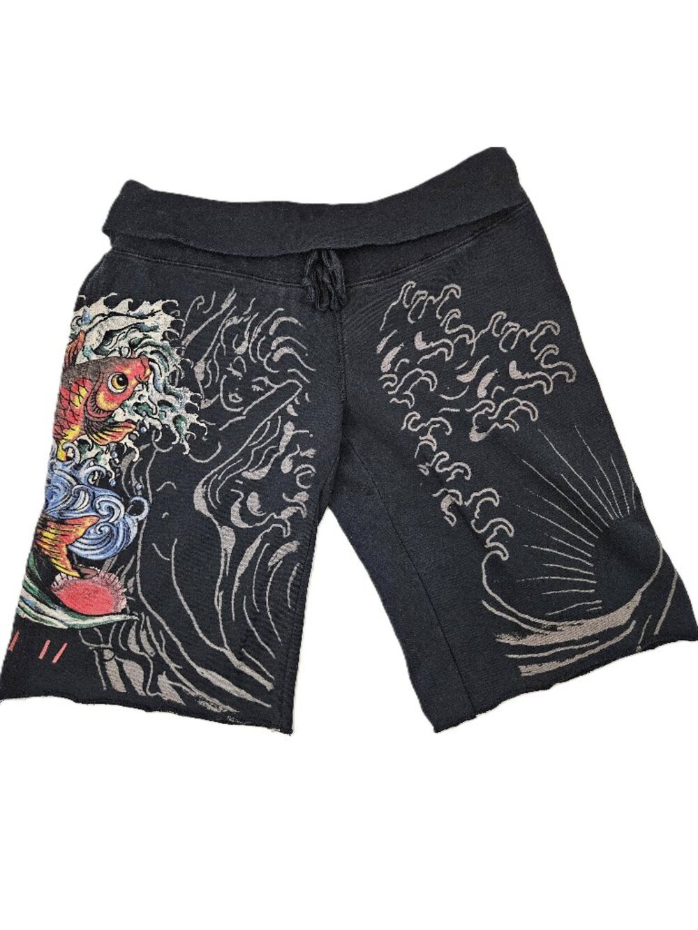 Vintage Ed Hardy Knit Bermuda Shorts Large Womens Y2K Koi Fish Tattoo Black USA